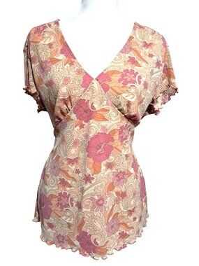 Y2K Fairy Fashion Bug Top Womens XL Cottage Floral Paisley Print Short Sleeve Pi